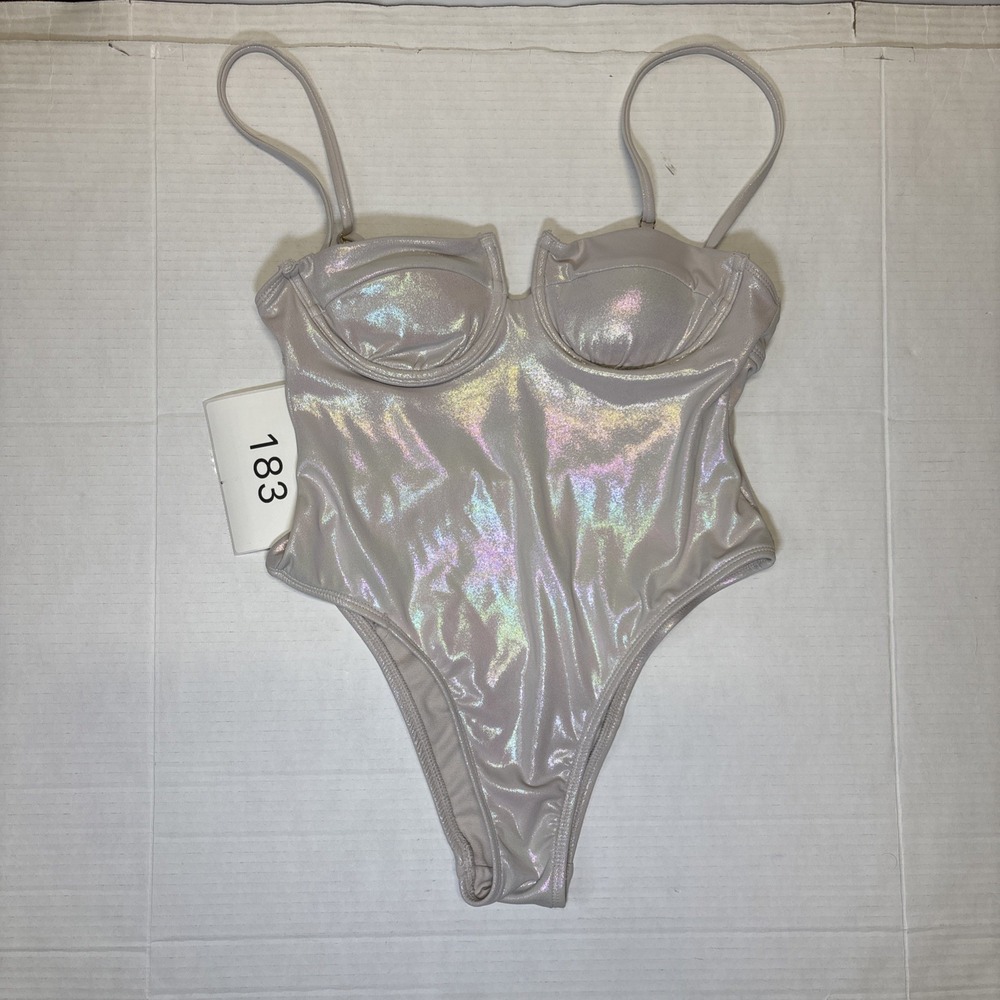 No Boundaries Iridescent Holographic One Piece Swimsuit Women S 4-6 Beige Tan